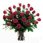 Bouquet of long stemmed red roses.